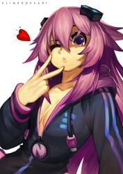 1girls adult_neptune artist_name big_breasts blowing_kiss breasts busty cleavage compile_heart female female_only heart highres hood hoodie idea_factory kissy_face large_breasts long_hair looking_at_viewer neptunia_(series) one_eye_closed puckered_lips purple_eyes purple_hair slimedoesart solo unzipped v wink