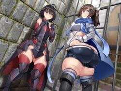 2girls armor big_ass big_butt black_hair bofuri bottom_heavy brown_hair cage exposed_ass itai_no_wa_iya_nano_de_bougyoryoku_ni_kyokufuri_shitai_to_omoimasu kawahagitei light-skinned_female looking_at_viewer maple_(bofuri) sally_(bofuri) skinny_waist small_breasts thick_thighs tight_clothing wide_hips