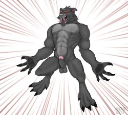 angry anthro balls black_body black_fur blizzard_entertainment canid claws fangs fur genitals humanoid_genitalia jenokamui male male_only mammal nude red_eyes solo teeth warcraft were werecanid worgen