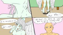 <3_tittle absurd_res after_oral amber_(gem) amber_(material) amber_eyes anon_(snoot_game) anthro arm_feathers bald blue_body blue_nipples blue_scales blush bodily_fluids bone_frill clothing colored comic dialogue duo elbow_feathers fang_(gvh) feathered_wings feathers feet female female_anthro female_on_human forked_tongue frill_(anatomy) fuegosonic93 goodbye_volcano_high grey_body grey_feathers grin gulp_(sound_effect) hair head_crest head_frill heart hi_res human human_on_anthro humanoid_feet interspecies jewelry licking licking_lips licking_own_lips male male/female male_on_anthro mammal necklace nipples nude onomatopoeia panties pendant plantigrade pterodactylus pterosaur reptile scales scalie silver_hair smile snoot_game snout sound_effects spanish_text striped_frill swallowing sweat text thought_bubble tongue tongue_out underwear wings