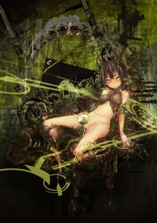 black_hair bottomless copyright_request eyes green_eyes highres horns monster_girl pointy_ears rib:y(uhki) solo tentacle