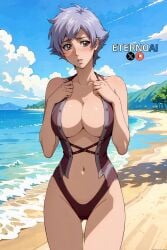 1girls ai_generated artist_name beach big_breasts black_eyes bleach blush blush breasts cleavage curvaceous curvy curvy_body curvy_female curvy_figure embarrassed eternoai female female_only huge_breasts kotetsu_isane light-skinned_female light_skin nai_diffusion one-piece_swimsuit patreon_username revealing_swimsuit seaside short_hair shy silver_hair solo solo_focus stable_diffusion swimsuit text twitter_username watermark