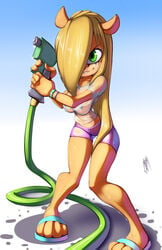 animal_ears anthro bandicoot blonde_hair breasts coco_bandicoot crash_(series) female female_only fur green_eyes long_hair looking_at_viewer mammal marsupial nipples smile solo thefuckingdevil water wet wet_t-shirt