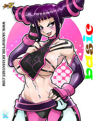 1girls black_hair blush breasts elbow_gloves female female_only fingerless_gloves gloves highres human juri_han large_breasts navel nipples purple_eyes purple_hair skyraptor solo spikes street_fighter street_fighter_iv underboob