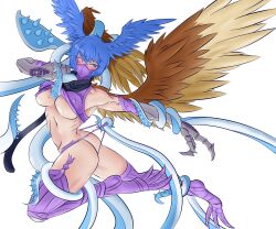 ass blue_eyes blush breasts calamaramon clothes_pull covered_nipples digimon digimon_(species) female gauntlets hair_wings head_wings large_breasts madist515 mask mouth_mask nipple_bulge one_eye_closed panties panty_pull purple_tank_top restrained_by_tentacles shutumon stripped_by_tentacles tank_top tank_top_lift tentacle tentacle_around_legs tentacle_between_breasts tentacles_around_arms tentacles_on_female underboob underwear very_high_resolution wings