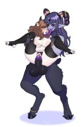 1girls ambiguous_gender animal_ears big_balls big_breasts big_penis brown_hair cakeofclouds chubby chubby_female crotchless_panties demon eyes_visible_through_hair female_penetrated glasses glasses_removed hooves horns inverted_nipples legs_held_open long_hair long_tongue panties purple_tongue reverse_stand_and_carry_position reverse_suspended_congress spread_legs stirrup_legwear thighhighs tongue tongue_out