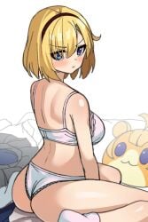 1girls ao_(user_xcnx5328) ass blonde_hair blue_eyes blush blushing_at_viewer butt cute dat_ass diadem female female_focus future_princess_(guardian_tales) guardian_tales kneeling looking_at_viewer looking_back medium_hair pale-skinned_female panties presenting_ass secretly_loves_it shy tagme teenager underwear_only white_background