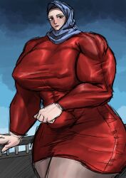 aep127035 breasts dress female hijab hyper_muscles massive_breasts muscles muscular muscular_female tight_clothing