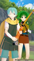 1boy 1girls 3d aqua_hair bandana bare_thighs blue_hair braid breasts clenched_teeth day female fingerless_gloves fire_emblem fire_emblem:_the_blazing_blade fishing fishing_rod forest green_eyes green_hair jollyoldsoldier male medium_hair nils_(fire_emblem) nintendo one_eye_closed open_mouth outdoors pants rebecca_(fire_emblem) red_eyes scarf short_hair single_glove skirt small_breasts smile thighs tree twin_braids