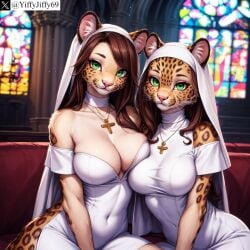 2girls ai_generated animal_ears anthro artist_name bare_shoulders breasts brown_hair church cleavage covered_navel cross dress feline furry furry_female green_eyes habit indoors jewelry large_breasts leopard long_hair looking_at_viewer multiple_girls necklace nun sitting smile stable_diffusion stained_glass twitter twitter_username watermark white_dress yiffyjiffy69