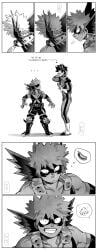 black_and_white blush enlargement flustered hero_outfit_(mha) izuku_midoriya katsuki_bakugou large_bulge large_penis looking_down looking_down_at_penis my_hero_academia penis_enlargement size_difference smile tall taller_male wildmage yaoi