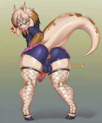 1boy anthro ass balls bell-bell_(artist) big_butt clothed clothing digital_media_(artwork) erection eyewear fishnet_clothing fishnet_stocking flan_(character) fur genitals girly goggles hi_res horn humanoid long_ears looking_at_viewer male male_only neck_tuft partially_clothed penis seam_(sewing) simple_background smile solo tail tongue tongue_out translucent tuft wide_hips