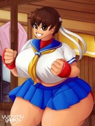 blue_skirt breasts capcom curvy huge_breasts sakura_kasugano school_uniform smiling smiling_at_viewer street_fighter street_fighter_alpha street_fighter_alpha_2 street_fighter_alpha_3 street_fighter_v tagme thick_thighs thighs uniform yummygoods