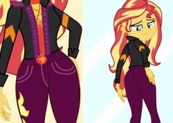 1girls ass black_clothing black_jacket clothed equestria_girls female fully_clothed gmaplay hand_on_butt hasbro jacket jeans mirror mirror_reflection mirror_selfie my_little_pony purple_pants red_and_yellow_hair red_hair sad solo sunset_shimmer two_tone_hair yellow_skin