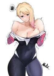 1girls alternate_breast_size big_breasts blonde_hair blush breasts_focus eyebrow_piercing female female_only gwen_stacy large_breasts marvel marvel_comics mugi_(mugit49) mugit49 nude solo spider-gwen spider-man:_across_the_spider-verse spider-man:_into_the_spider-verse spider-man_(series) thick_thighs wardrobe_malfunction