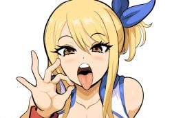 1girls ai_generated blonde_hair brown_hair facing_viewer fairy_tail fellatio_gesture female inviting_to_sex large_breasts looking_at_viewer lucy_heartfilia mullon novelai open_mouth solo suggestive suggestive_gesture tongue