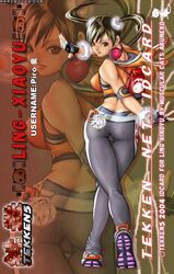 akuneko ass back backpack bracelets brown_hair fingerless_gloves hazel_eyes ling_xiaoyu panties posing sweatpants tekken tekken_3 tekken_4 tekken_5 tekken_5_dark_resurrection tekken_blood_vengeance tekken_tag_tournament tekken_tag_tournament_2 tied_hair twintails