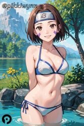 ai_generated arms_behind_back bare_shoulders bikini blue_sky breasts brown_eyes brown_hair cleavage collarbone day facial_mark female flower forehead_protector looking_at_viewer medium_breasts naruto naruto_(series) navel nohara_rin outdoors pikkiwynn rock short_hair side-tie_bikini_bottom sky smile solo stomach swimsuit tree wading water white_bikini