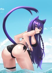 1girls animal_ears animal_tail back_view bikini black_bikini day estebaneishon1 female female_focus female_only highres latam_virtual_youtuber light-skinned_female light_skin long_hair looking_at_viewer mai_noboshi ocean purple_eyes purple_hair purple_nails standing_in_water summer swimsuit thong_bikini virtual_youtuber vjin vtuber vtuberfanart water wet wet_body