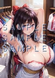 1girls ai_generated armpits arms_behind_head big_breasts black_hair blue_eyes blush breasts busty cleavage dress hair_ribbon king_of_fighters large_breasts legs looking_at_viewer nakoruru ribbon sample sample_watermark samurai_shodown sensual sexy_armpits snk solo thick_thighs