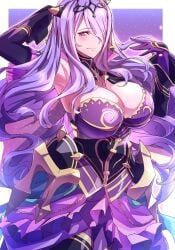 1girl 1girls absurdres alternate_version_available arm_behind_head armpits breasts busty camilla_(alluring_darkness)_(fire_emblem) camilla_(fire_emblem) cleavage closed_mouth confident dress female female_only fire_emblem fire_emblem_fates fire_emblem_heroes gloves hair_over_one_eye highres large_breasts legs long_hair looking_at_viewer nintendo official_alternate_costume purple_eyes purple_gloves purple_hair smile solo thighs to_(tototo_tk) very_long_hair