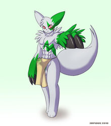 1boy alternate_color full-length_portrait full_length green_fur impious looking_at_viewer male male_only penis pokemon pokemon_(species) portrait solo standing zangoose