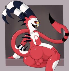 ass balls blitzo_(helluva_boss) demon genitals hand_on_leg helluva_boss hi_res horn humanoid imp long_tail male male_only markings poraka7 rear_view sitting solo tail thick_thighs