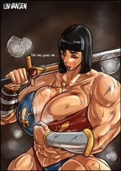 1girls abs black_hair bob_cut bretonnia bruise bruised bruises dialogue english_text female female_only high-angle_view large_breasts muscular_female repanse_de_lyonesse scar solo solo_female sweat sword tagme text vinvansen warhammer_(franchise) warhammer_fantasy