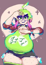 big_areola big_ass big_belly big_breasts big_nipples breasts_bigger_than_head breasts_bigger_than_torso cellulite chubby freckles glasses green_hair huge_breasts huge_nipples japanese_clothes massive_breasts memfaultexe nerd piercing piercings pink_hair plump thick_eyebrows thick_thighs verde_(memfaultexe)