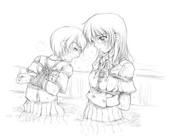 2girls blush bondage bound_arms bound_wrists box_tie breast_bondage breasts copyright_request monochrome multiple_subs open_mouth pizza_man pool saliva school_uniform short_hair sketch sweat tied tongue water wet