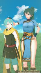 1boy 1girls 3d ahoge aqua_hair bare_legs blue_hair boots breasts day female fingerless_gloves fire_emblem fire_emblem:_the_blazing_blade gloves grass green_eyes green_hair headpat jollyoldsoldier legs lyn_(fire_emblem) male medium_breasts nils_(fire_emblem) nintendo outdoors pants pelvic_curtain red_eyes scarf short_sleeves