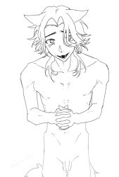 animal_ears collarbone ears_down emaciated fellow_honest flaccid forced_smile fox_boy fox_ears grin long_hair looking_at_viewer male_only nipples nishin_(user_sdau4572) own_hands_together parted_hair penis smile tail teardrop twisted_wonderland wavy_hair yaoi
