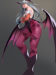 1girls 2024 bat_print capcom crossed_arms darkstalkers female female_only gauntlets green_eyes green_hair head_wings heel_boots hi_res leotard long_hair looking_at_viewer meke morrigan_aensland pantyhose pink_pantyhose smiling smiling_at_viewer solo succubus succubus_wings white_background wings