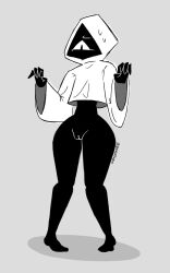 black_body bottomless embarrassed featureless_face featureless_feet female female_only gieniotheguy hood hooded_jacket humanoid_genitalia one_eye pussy robot sub_(va_arcade) sweat sweatdrop thick_thighs v.a_proxy va_arcade vagina