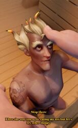 2boys bara elmamoru junkrat male_focus male_only muscle nude overwatch overwatch_2 reinhardt sauna size_difference smaller_dominant text yaoi