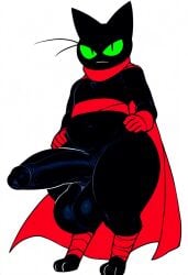 2025 ai_generated anthro balls big_balls big_penis black_body black_fur cape cartoon_network clothed clothing digitigrade domestic_cat erection felid feline felis foreskin fur genitals green_eyes green_sclera hand_on_hip hellsonger hi_res huge_cock humanoid_genitalia humanoid_penis looking_at_viewer male mammal mao_mao:heroes_of_pure_heart navel penis red_clothing sheriff_mao_mao_mao simple_background solo teapot_(body_type) thick_thighs wide_hips