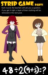 2females 2girls big_breasts black_dress breasts brown_hair cleavage clothes clothing dress english_text green_eyes history_teacher_(lowgradef) lowgradef lowgradef_(copyright) math_question math_teacher_(lowgradef) number numbers question red_hair skirt strip_game text