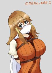 1girls arms_behind_back blue_eyes bondage bound breasts brown_hair cape female female_only femsub fire_emblem fire_emblem:_radiant_dawn gag grey_background large_breasts medium_hair milla_arts mist_(fire_emblem) nintendo restrained solo upper_body