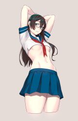 bare_belly bare_midriff belly_button brown_hair female female_only glasses kantai_collection looking_at_viewer midriff midriff_baring_shirt miniskirt ooyodo_(kantai_collection) revealing_clothes school_uniform schoolgirl schoolgirl_uniform skirt slim_waist small_breasts teenager underboob wide_hips yuuji_(and)