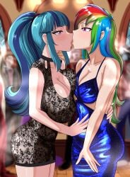 2girls ass big_ass big_breasts breasts cogbrony commission couple crowd equestria_girls eyeshadow kissing lesbian_kiss lidded_eyes minidress my_little_pony my_little_pony_friendship_is_magic rainbow_dash_(eg) rainbow_dash_(mlp) sonata_dusk sonata_dusk_(eg) yuri yuri