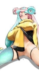 blue_hair bottomless bow-shaped_hair breasts character_hair_ornament closed_mouth covering_crotch covering_privates female hair_ornament highres iono_(pokemon) jacket large_breasts long_hair multicolored_hair pink_hair pokemon pokemon_sv purple_eyes pussy_juice sharp_teeth simple_background single_leg_pantyhose sitting sleeves_past_fingers sleeves_past_wrists smile solo split-color_hair steaming_body teeth thigh_strap very_long_hair wariza white_background yellow_jacket yuuyuu_(yuuki1771)