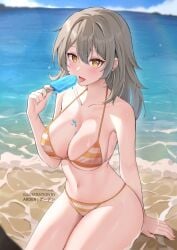 1girls ardenlolo arm_support armpit_crease artist_name beach bikini blue_sky blush breasts cloud collarbone cowboy_shot english_commentary female food grey_hair hair_between_eyes halterneck hand_up holding holding_food holding_ice_cream honkai:_star_rail honkai_(series) ice_cream large_breasts light-skinned_female light_skin lying medium_hair mixed-language_commentary navel on_stomach sitting sky solo stelle_(honkai:_star_rail) string_bikini swimsuit thighs tongue tongue_out yellow_eyes