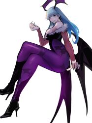 1girls 2024 absurd_res bat_print capcom crossed_legs darkstalkers female female_only gauntlets green_eyes green_hair head_wings heel_boots leotard long_hair looking_at_viewer meke morrigan_aensland pantyhose purple_pantyhose side_view smiling smiling_at_viewer solo succubus succubus_wings white_background wings