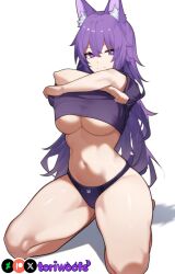 1girls ai_generated breasts curvy cute dog_ears dog_girl doggirl female female_abs female_only happy highres hips huge_breasts kemonomimi kneeling legs_apart light_skin light_skinned_female long_hair looking_at_viewer panties patreon_username petgirl petite purple_ears purple_eyes purple_hair purple_tail shirt shirt_lift smile thick_thighs thighs tori toriwoofs underboob watermark wide_hips wolf_ears