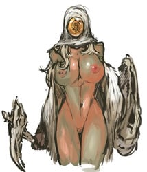 blonde_hair breasts cleavage cropped_legs dark-skinned_female dark_skin dark_souls dark_souls_2 female fromsoftware highres hood large_breasts long_hair mask naked_cloak nameo_(judgemasterkou) navel no_eyes rule_63 scythe solo thigh_gap weapon