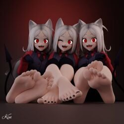 3girls 5_toes :d ;d barefoot black_nails cerberus_(helltaker) cute demon_girl dog_ears feet feet_focus foot_fetish helltaker kenaga looking_at_viewer one_eye_closed red_eyes simple_background smile smiling_at_viewer soles toenail_polish toes white_hair