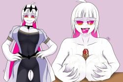 breasts cum cum_in_mouth cum_on_breasts cum_on_face cum_on_hair female fnf_entity friday_night_funkin friday_night_funkin_mod holding_breast large_breasts mommy naked nikusa_(sugarratio) nude paizuri penis pink_background pink_hair tongue_out white_body white_hair