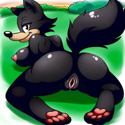 ai_generated ass breasts feet furry grass_field kemono lawexa_(toontown) nipples pawpads paws pussy tail toontown toontown_corporate_clash toontown_fox toontown_online