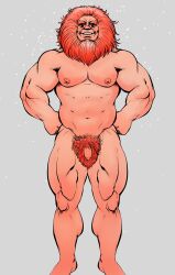 1boy abs absurdres bara beard completely_nude dc_comics facial_hair feet_out_of_frame flaccid foreskin forever_people forked_eyebrows full_beard hands_on_own_hips highres large_pectorals lion_mane looking_at_viewer male_focus male_pubic_hair mature_male muscular muscular_male navel nipples nude pectorals pubic_hair smagma smile solo standing stomach tachi-e thick_beard thick_eyebrows thick_thighs thighs thighs_together uncensored wrinkled_skin