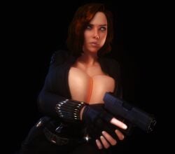 1girls 3d 3d_(artwork) alternate_breast_size black_bodysuit black_widow_(marvel) bodysuit breasts_bigger_than_head cleavage clothed clothed_female enormous_breasts female female_only fingerless_gloves gigantic_breasts gloves green_eyes gun holding_gun holding_object holding_weapon hourglass_figure huge_breasts human human_female marvel marvel_cinematic_universe natasha_romanoff open_bodysuit open_clothes pistol red_hair skin_tight solo solo_female thick_thighs tight_clothes vaako weapon wide_hips